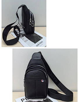 Чоловіча сумка слінг чорна на блискавці з кишенею 28*13 см зі штучної шкіри Nina