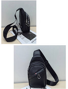 Чоловіча сумка слінг чорна на блискавці з кишенею 28*13 см зі штучної шкіри Nina