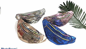 Поясна сумка бананка голографічна 30*16 см на блискавці з кишенею в різних кольорах Nina