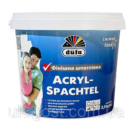 Шпаклівка фінішна акрилова Dufa Acryl-Spachtel готова до застосування Сніжно-білий 16 кг, фото 1