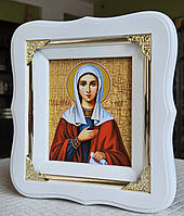 Икона Святая Ева в белом фигурном деревянном киоте под стеклом, размер киота 18*16, лик под старину 10×12.