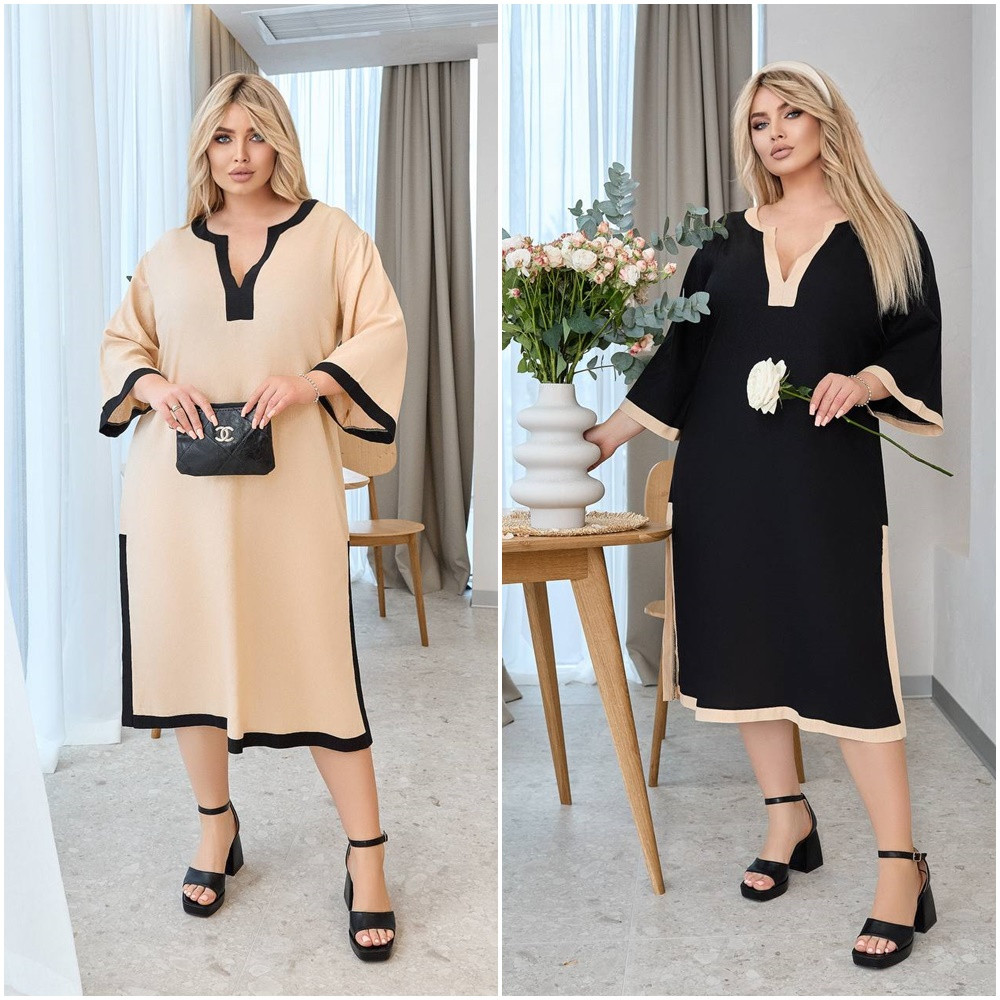 Літнє красиве злегка вільне плаття льон довгий рукав батальні розміри