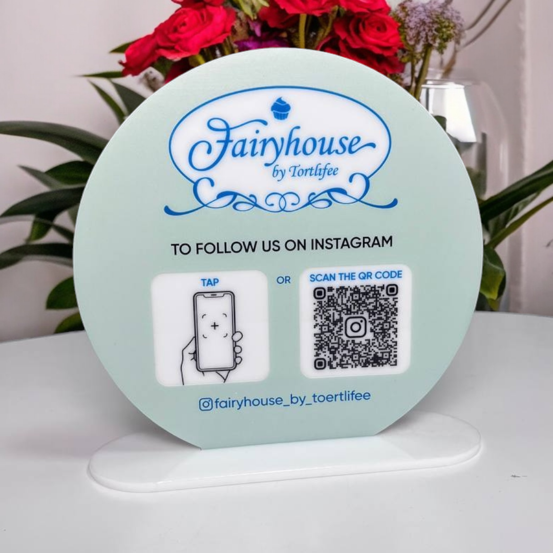 Табличка з NFC міткою та QR-кодом d=180 мм із акрилу, на акриловій підставці, Кругла ACRY