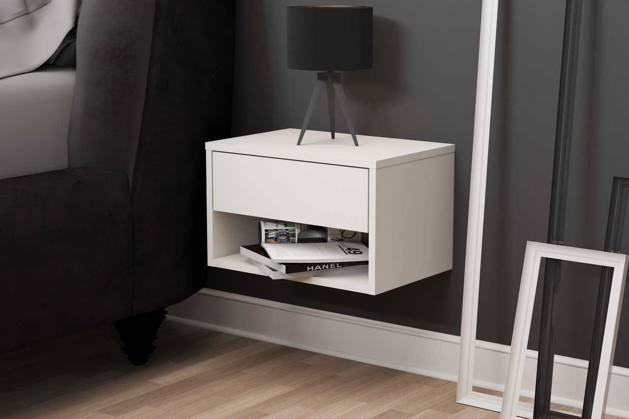 Маленька підвісна біла сучасна тумба приліжкова з ДСП в спальню з відкритою полицею та шухлядою Міла 45*30 см, фото 1