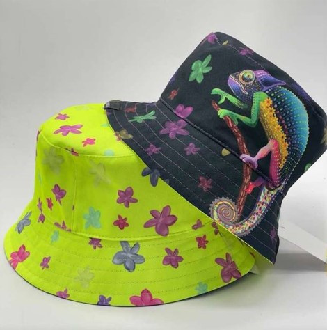 Літня двостороння панама унісекс ХАМЕЛІОН І КВІТИ (Розмір 50-52,53-54,54-55,56-57), Чорна/Лимон