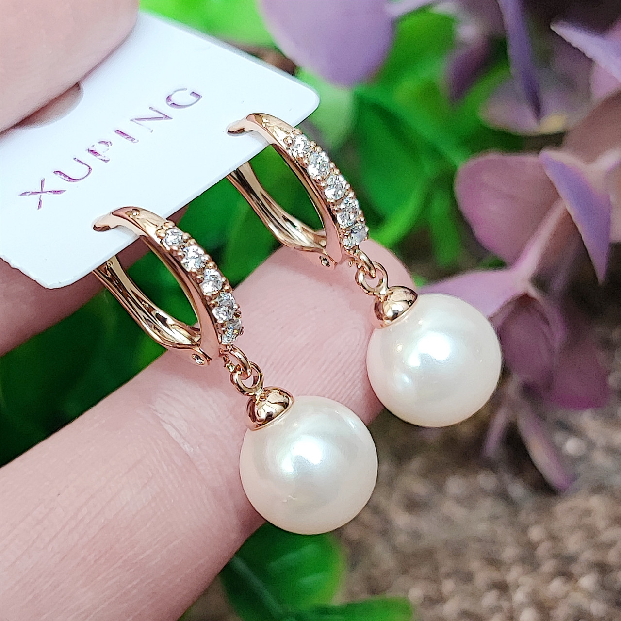 Сережки з перлами 10мм Xuping довжина 2.8см медичне золото позолота 18К с1254