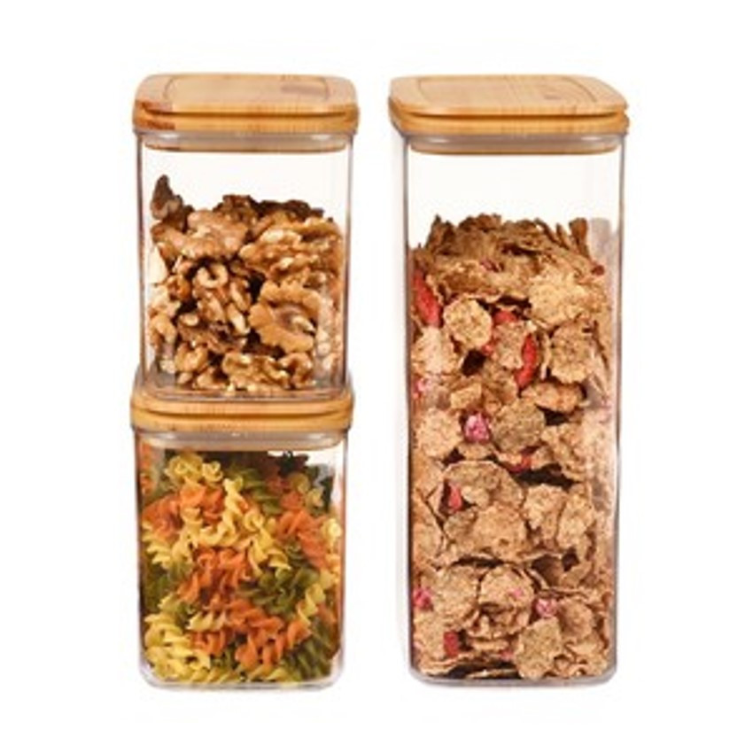 Набір акрилових контейнерів Max Plus 3шт з бамбуковою кришкою (1,1л + 2,25л + 1,1л), фото 1