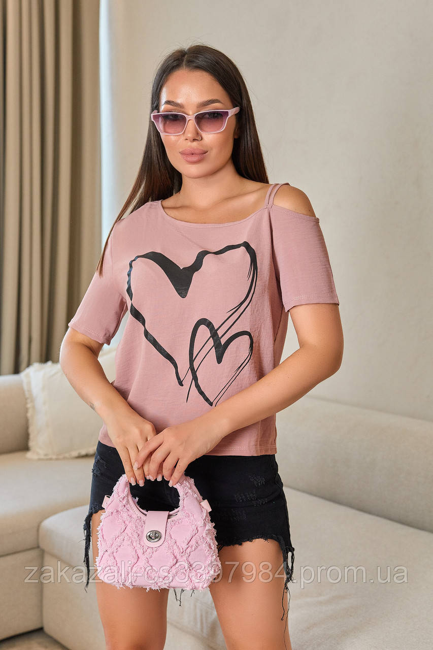 📌 Жіноча футболка з малюнком серце, креп-жатка | Літня блуза з відкритим плечем | Норма та батал, фото 1
