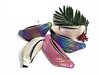 Поясна сумка бананка стьобана голографічна 30*12 см на блискавці в різних кольорах Nina