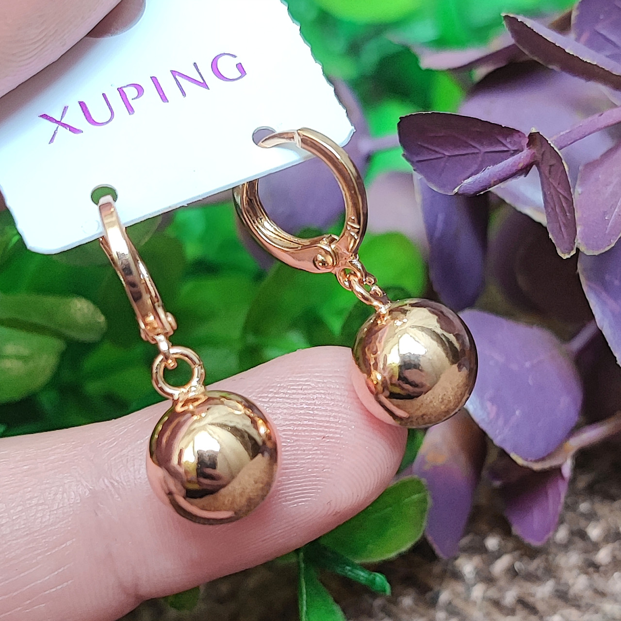 Сережки Xuping довжина 2.8см кулька 10мм позолота 18К медичне золото с996