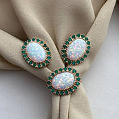 Комплект золотий каблучка та сережки з білим опалом та агатом 11.87