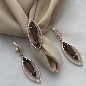 Комплект золотий каблучка та сережки з раухтопазом і фіанітами 25.60