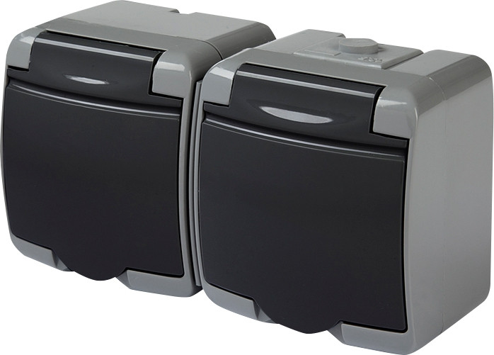 Двійна пиловологозахищена розетка Schuko ETI RHE-2s-SRG сірографітова, IP54