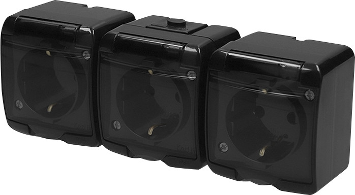 Розетка трійна Schuko ETI RHE-3sd-BL з заземленням, IP54, чорна/прозора
