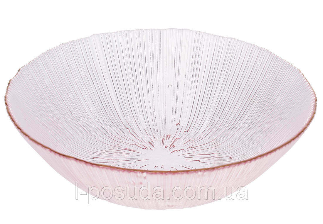 Салатник скляний ніжно рожевий із золотим обідком D16.5*5см, 500мл, фото 1