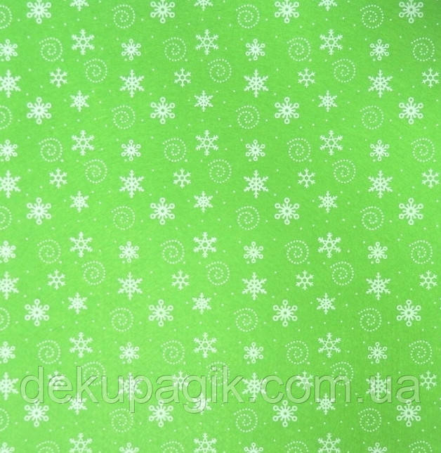 Фетр для рукоділля 1мм, зелений з сніжинками, 30х30см