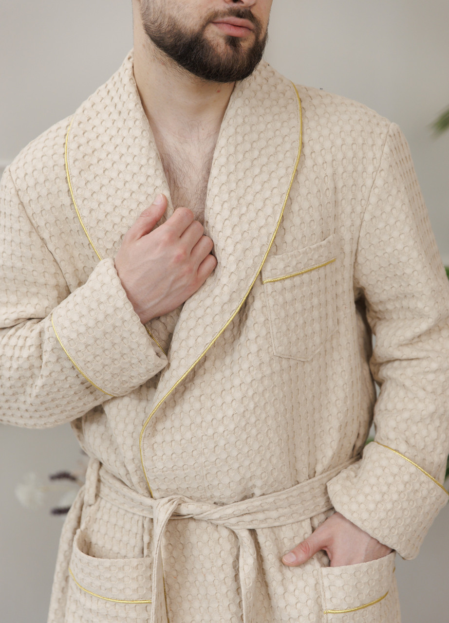 Преміум вафельний чоловічий халат турецький довгий з кантом, халати бані чоловічі