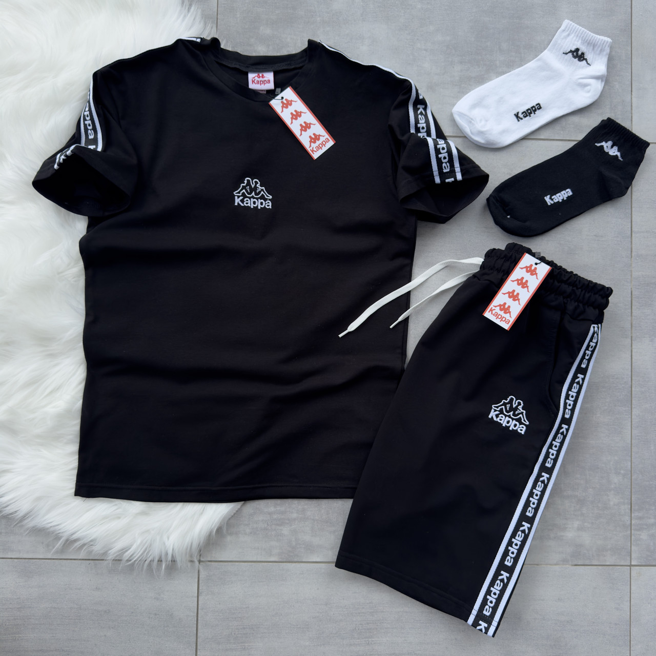 Kappa спортивний костюм чоловічий літній шорти футболка комплект з лампасами каппа чорний, фото 1