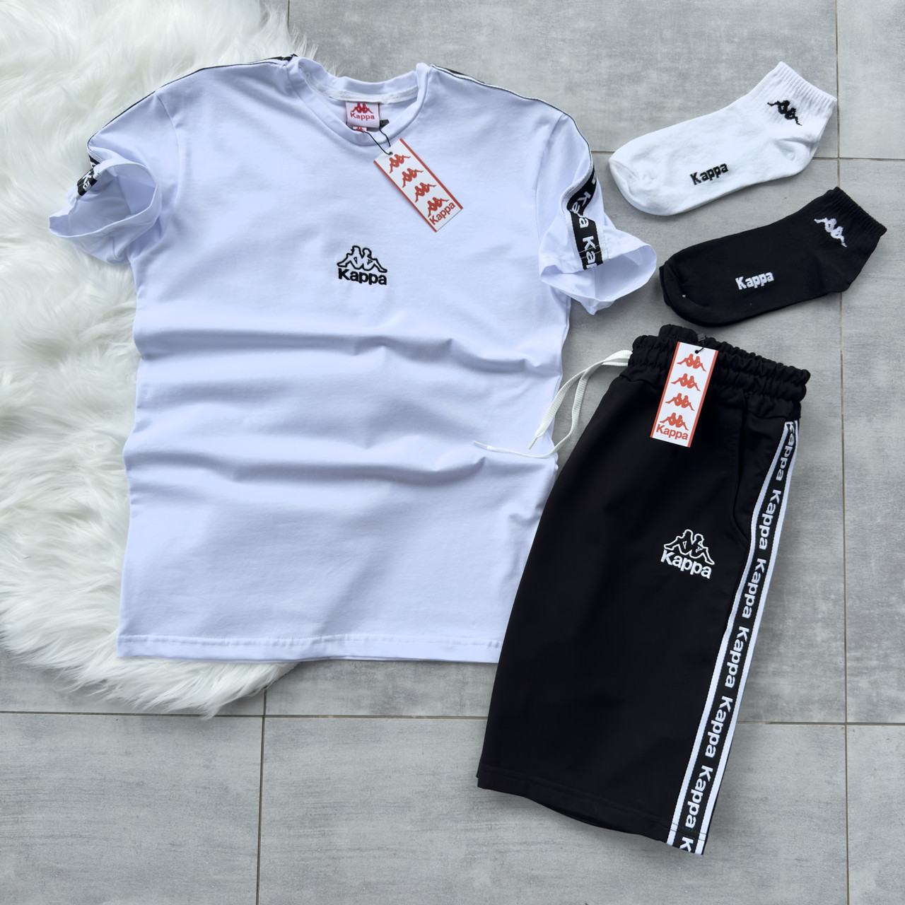 Костюм чоловічий літній Kappa шорти футболка спортивний комплект з лампасами каппа чорно-білий, фото 1