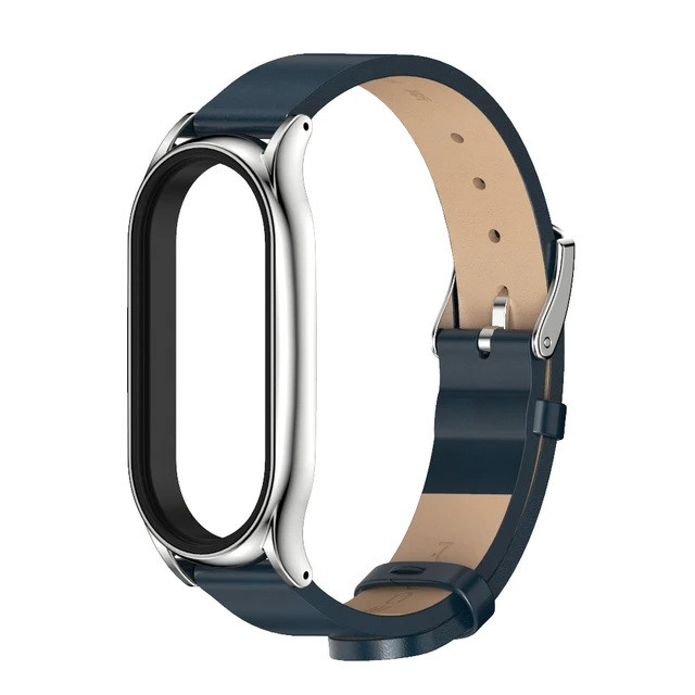 Шкіряний ремінець для фітнес браслета Xiaomi Mi Band 5 и 6 Type C темно-синій, тримач - сріблястий