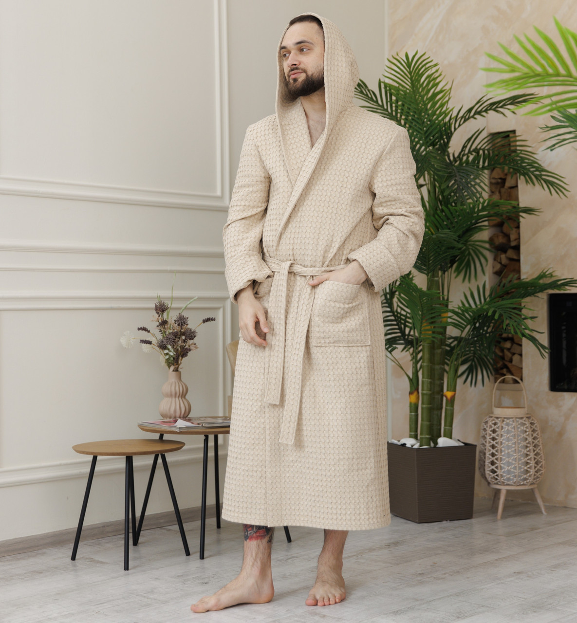 Турецький вафельний лазневий халат для чоловіків з капюшоном, халат домашній чоловічий