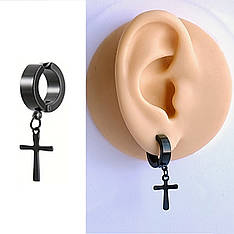 Модна сережка-кліпса з хрестиком 1 шт. на одне вухо без проколу чорна
