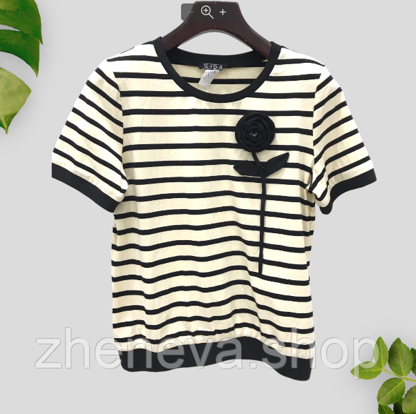 Белая стильная блуза LIDA   в полоску c цветком, фото 1