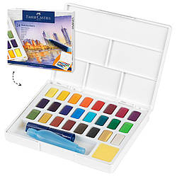 Акварельні фарби Faber-Castell Watercolors in Pans, 24 кольори + ручка-пензлик з контейнером для води, 169724
