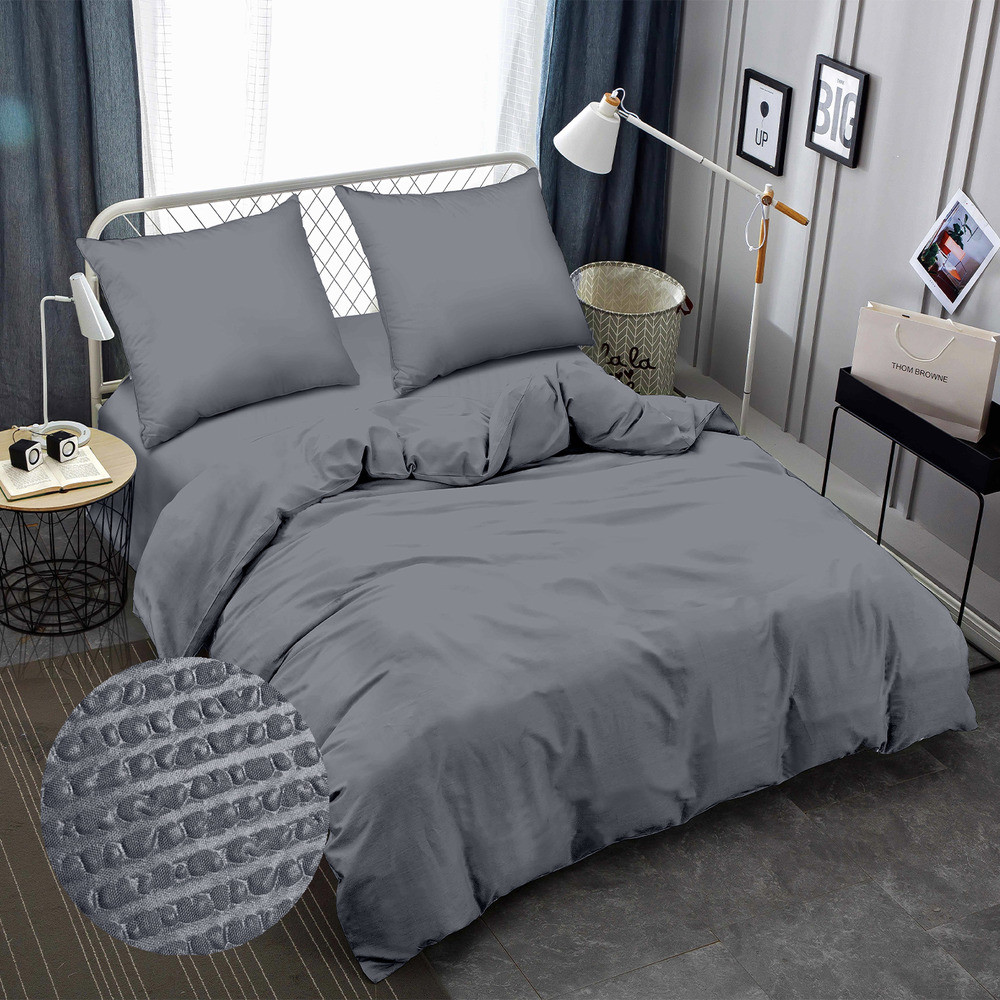 Двоспальна 180х220 постільна білизна жатка (6828-2) однотонний сірий, бавовна віскоза, фото 1