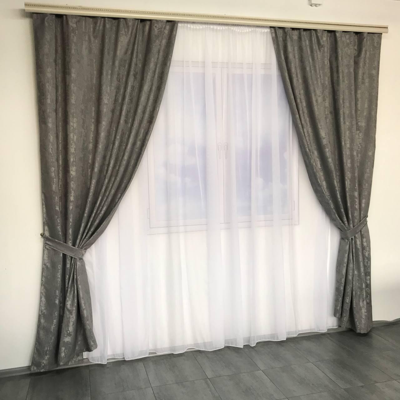 Темно-сірі стильні шториз тюлем з льону мармурові ALBO, сучасні однотонні готові портьєри на тасьмі