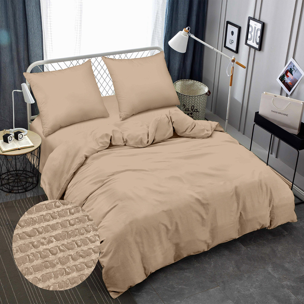 Двоспальна 180х220 постільна білизна жатка (6829-2) однотонний бежевий, бавовна віскоза, фото 1