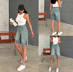 Жіночі джинсові подовжені шорти бермуди з розрізами