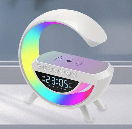 Світильник з бездротовою зарядкою для телефону BT-3401 колонка Bluetooth FM радіо нічник RGB підсвічування Білий, фото 1