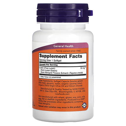 NOW Foods Lutein 10 mg 60 Softgels, фото 3