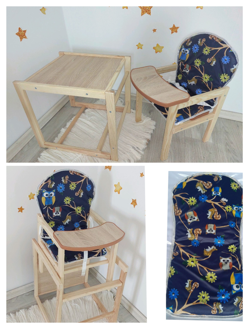 Стільчик трансформер для годування дерев'яний Сова на гілці. - фото 1 - id-p2238530731