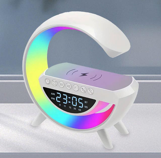 Світильник з бездротовою зарядкою для телефона BT-3401 колонка Bluetooth FM радіонічник RGB підсвітка Білий, фото 1