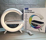 Світильник з бездротовою зарядкою для телефона BT-3401 колонка Bluetooth FM радіонічник RGB підсвітка Білий, фото 2