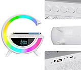 Світильник з бездротовою зарядкою для телефона BT-3401 колонка Bluetooth FM радіонічник RGB підсвітка Білий, фото 7