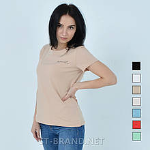 44,46,48,50,52,54. Жіночі однотонні футболки з мінімалістичним принтом - бежеві