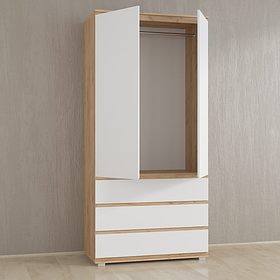 Шафа пенал з 3 шухлядами та 2 дверцятами з ЛДСП, закрита вертикальна шафа без ручок зі штангою для вішалок