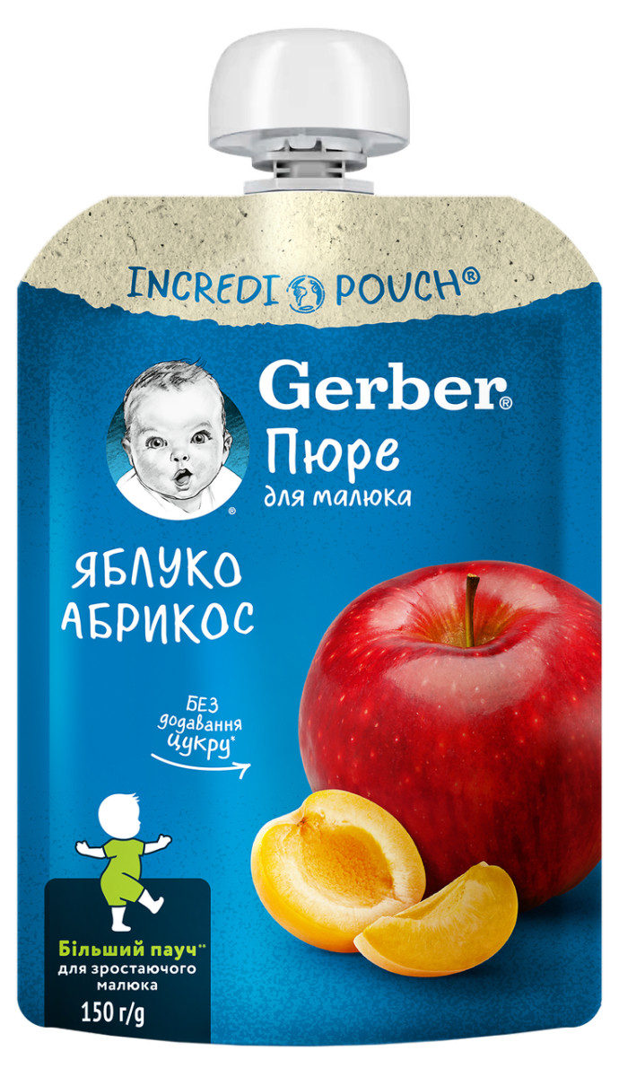 Пюре фруктове Gerber Яблуко-абрикос з 6 місяців, пауч 150г. (Гербер), фото 1
