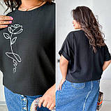 Чорна вільна жіноча лляна футболка Троянда батал, фото 7
