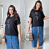Чорна вільна жіноча лляна футболка Троянда батал, фото 8
