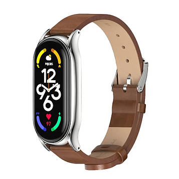 Шкіряний ремінець для фітнес браслета Xiaomi Mi Band 5 и 6 Type С коричневий, тримач - сріблястий