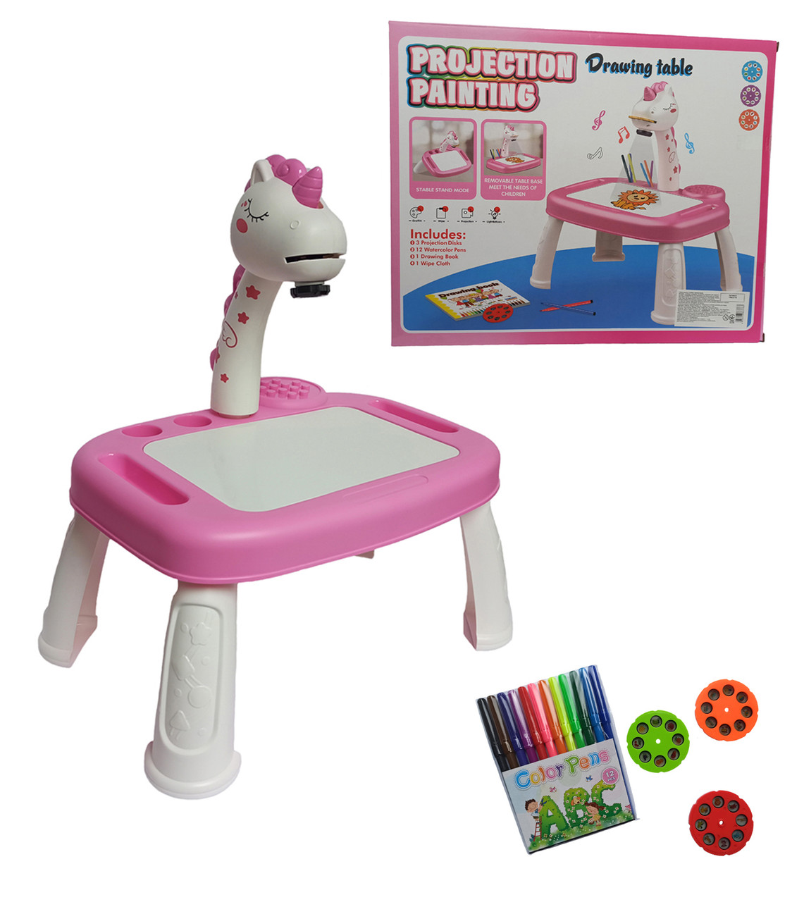Проектор для малювання зі столиком "Єдиноріг" рожевий, 3 диски, 12 фломастерів, підсвічування, 44х43х29 см (YM2219), фото 1