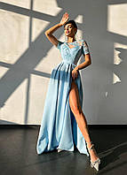 Жіноча вечірня сукня максі з мереживом та розрізом по ніжці