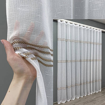 Уцінка! Готова тюль (4х2,5м.) льон "Мережка". Колір білий з коричневим. Код 1429т 49-209