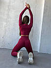 Жіночий спортивний комплект для фітнеса 2в1 Лосіни та топ з довгими рукавами Костюм бордовий для тренувань, фото 3