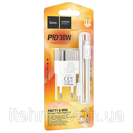 Мережевий зарядний пристрій Hoco C131A Platinum dual-port PD30W+QC3.0 Type-C to Type-C (Чорний), фото 3