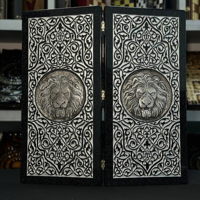 Нарді з чорного акрилового каміння "Срібний Лев"